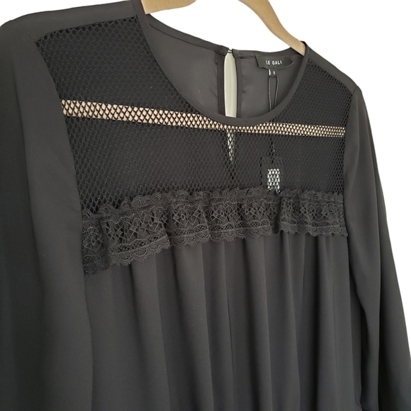 Le Gali Black Boho Babydoll Dress Mesh Top Drawstring Waist 3/4 Sleeve - Picture 5 of 7